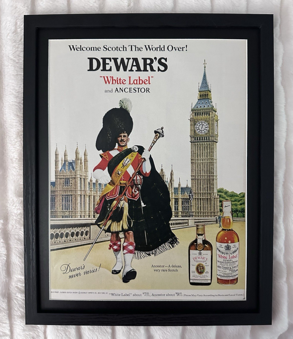 Framed 1967 Dewars White Label & Ancestor Scotch Highlander Whisky Print Ad